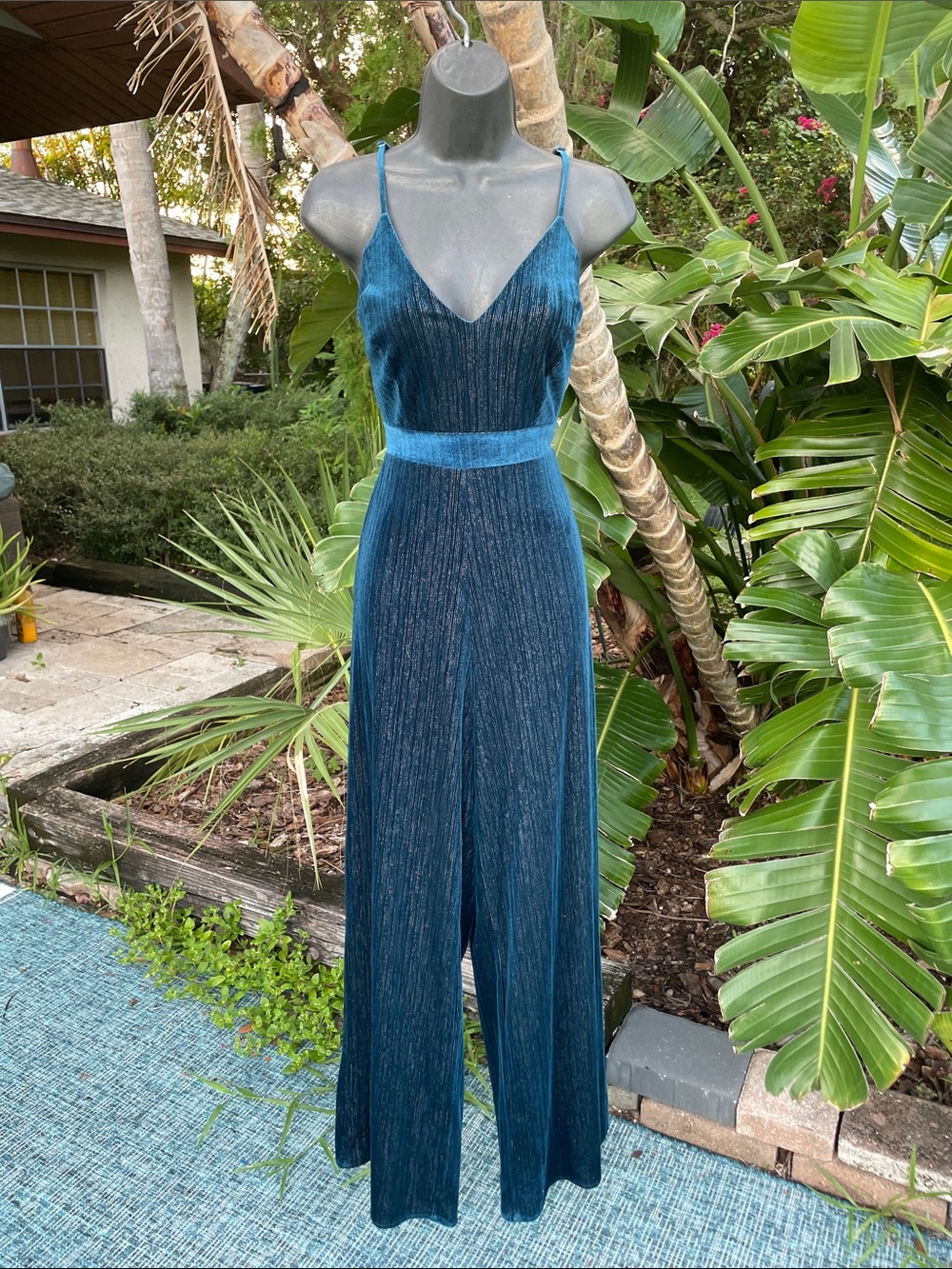 Silver and teal blue velvet wide leg jumpsuit